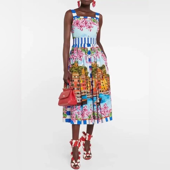 Lena Vie Boutique Drop Capri Retro Print High Waisted MIDI A Line Dress With Tie - Picture 1 of 8